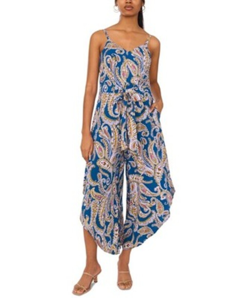 MSK Tie-Waist Genie-Leg Paisley-Print Jumpsuit Women's S Multi V-Neck Back Zip